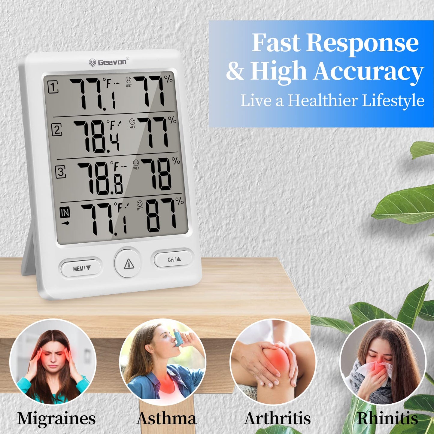 Geevon Indoor Outdoor Thermometer Wireless with 3 Remote Sensors, Digital Hygrometer Thermometer, Wireless Temperature Humidity Monitor Gauge with 200FT/60M Range (Black)