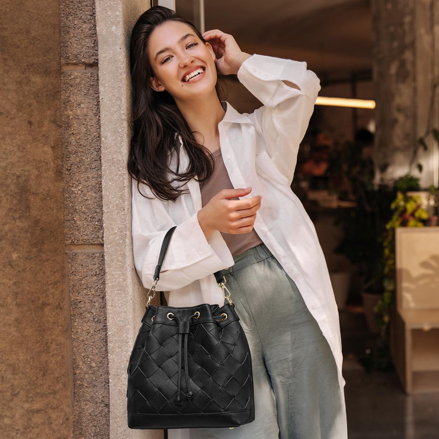Kattee Woven Genuine Leather Bucket Bags for Women, Drawstring Crossbody Hobo Purses and Shoulder Handbags with 2 Detachable Straps, Black