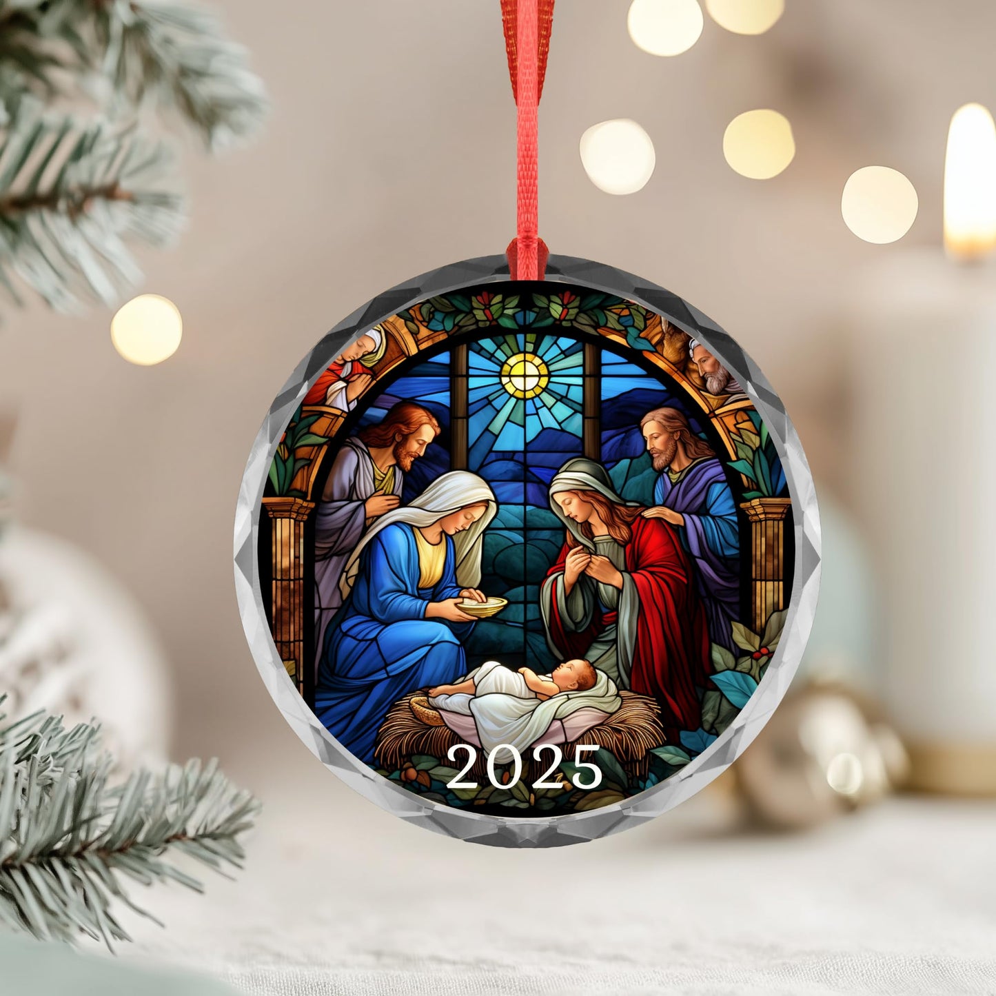 Personalized Nativity Ornament – Custom Name Christmas Ornament – Holy Family Stained Glass Style – Religious Christmas Tree Decoration – Baby Jesus Christian Gift Keepsake (Design 5)