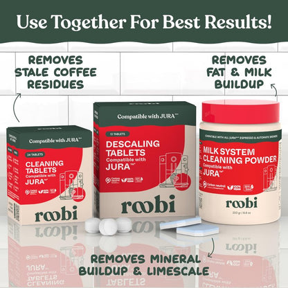 Roobi Compatible Cleaning Tablets for Jura. 24 Jura Cleaning Tablets for Automatic Espresso Coffee Machines. 100% Vegan, Carbon Neutral.