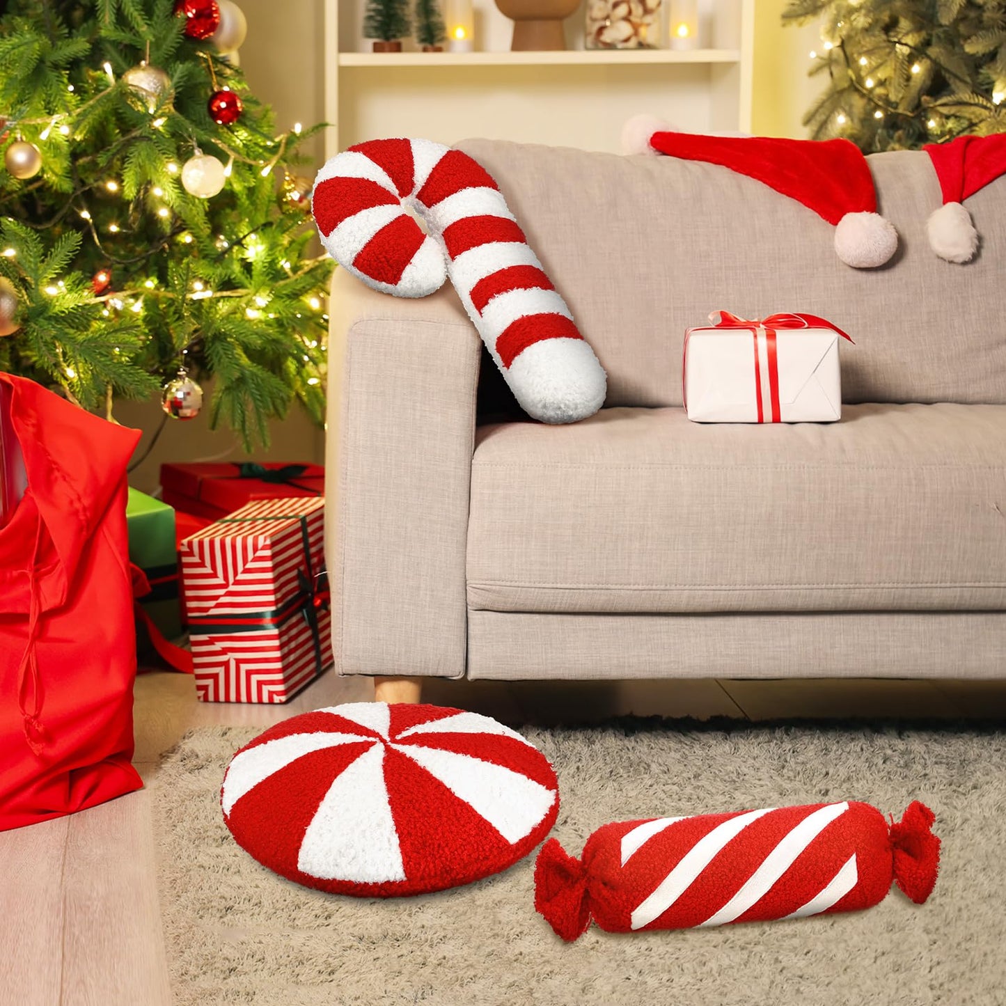 Anglechic 3 Pcs Christmas Pillows Decorative Throw Pillows Candy Merry Christmas Tree Stuffed Wool Soft Xmas Plush Cushion for Sofa Couch Bedroom Living Room(Red)