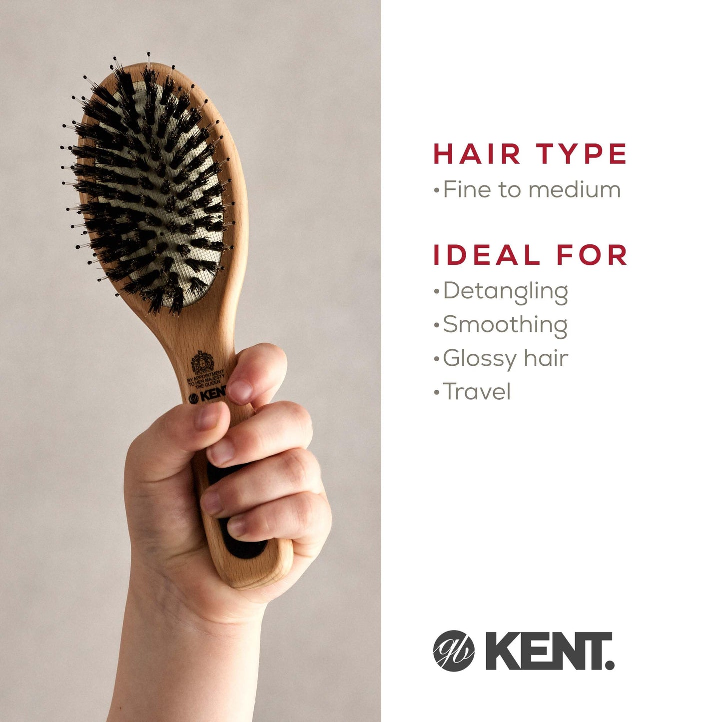 Kent PF01 Large Cushion Detangler Brush, Boar Bristle and Non-Scratch Nylon Mix Hairbrush for Straightening Smoothing. Oval Wood Paddle Detangling Hair Brush for Medium to Long Hair, Made in England