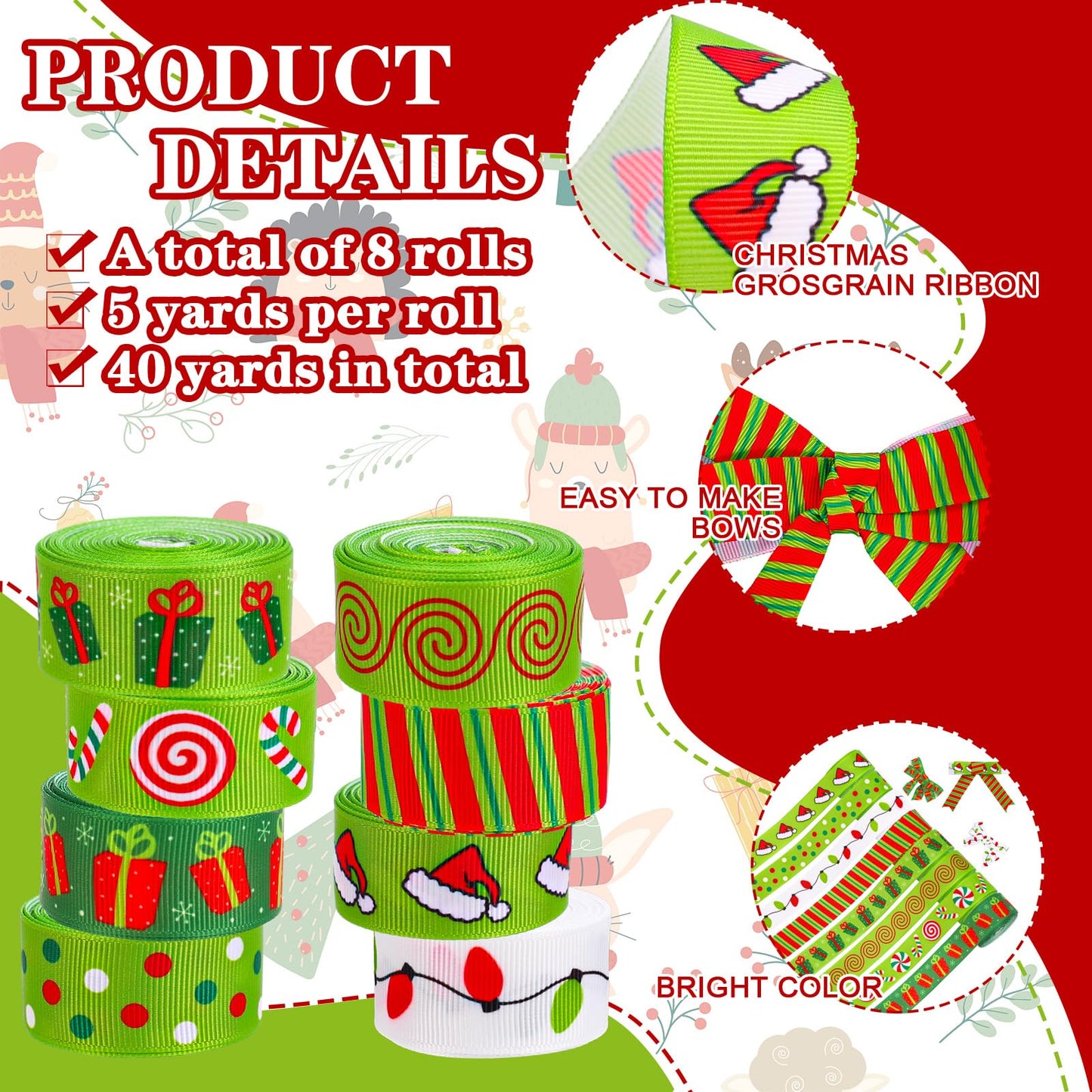 JarThenaAMCS 8 Rolls Christmas Grosgrain Ribbons 7/8" Red Green Xmas Candy Cane Light Bulb Santa Hat Dot Stripe Fabric Craft Ribbon for Holiday Birthday Wreath Bow Gift Wrap Party Decor, 40 Yards
