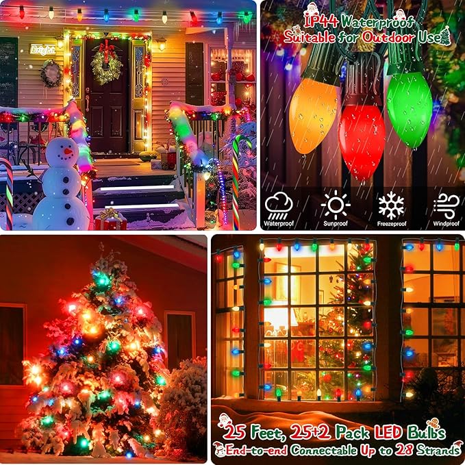 Christmas Decorations - C7 LED Christmas Lights Outdoor, 25Ft Vintage Christmas Lights Multicolor LED Christmas Tree Lights Shatterproof with 25+2 Bulbs for Christmas Tree Home Yard Decor, 0.6W