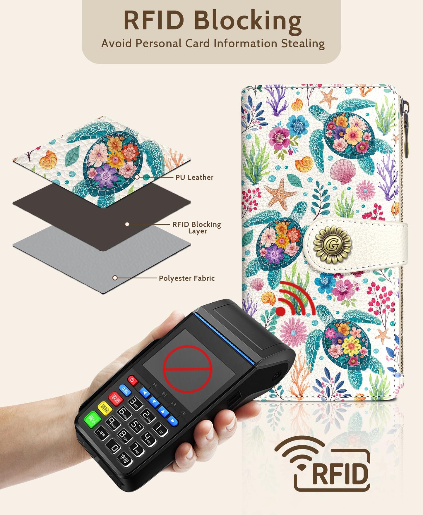 GIANCOMICS Sea Turtle Womens Wallet RFID Blocking, Credit Card Holder Bifold, PU Leather Travel Billfold, Long Cute Cash Purse, Zipper Coin Pocket Clutch, 1 ID Window, 11 Card Slot, Ladies Gift Woman