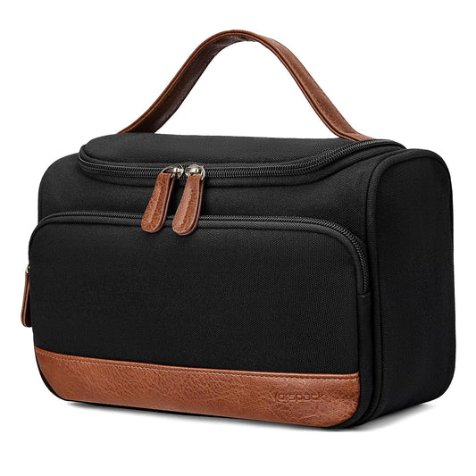 Vorspack Structured Canvas Toiletry Bag for Men, Upright Travel Bag with Wet Pocket, Wide Opening Bathroom Organizer for Shaving, Grooming, Skincare, Travel Essentials, Medium-Black