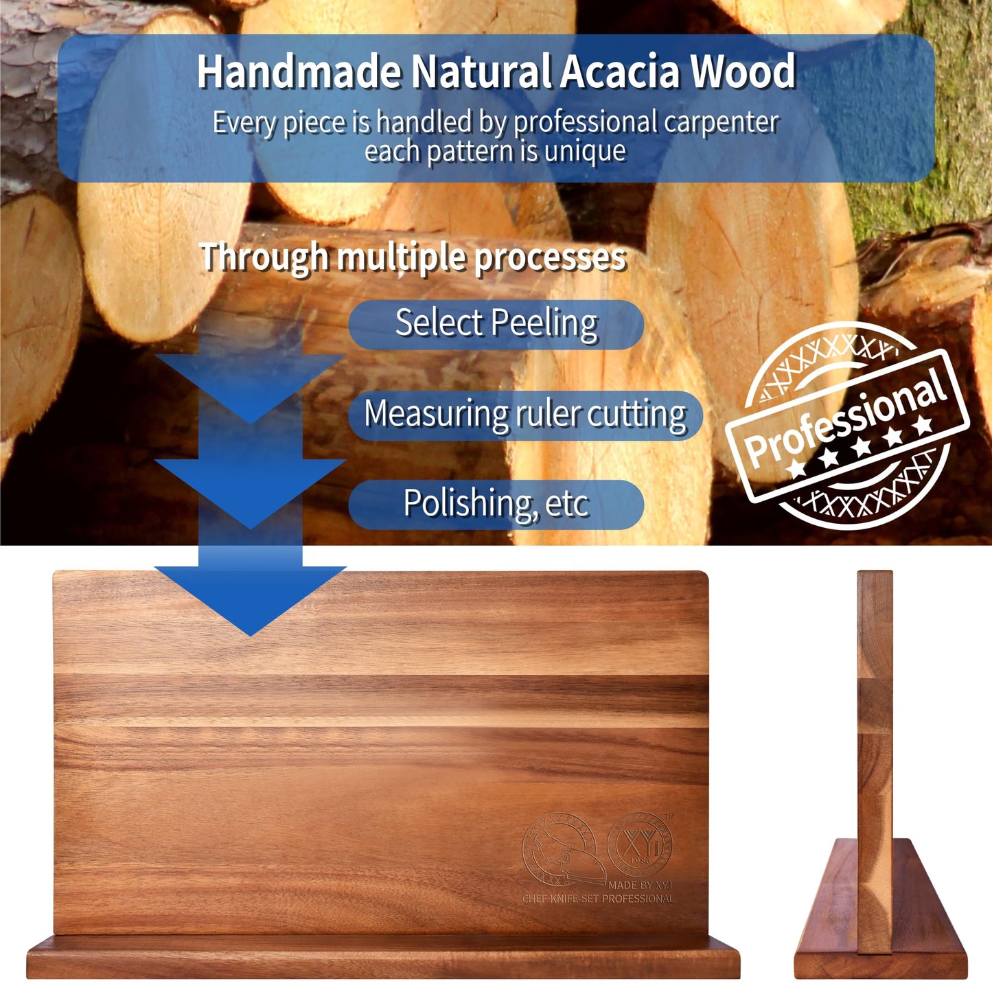 XYJ Authentic Since 1986, Magnetic Knife Block, Double Side Kitchen Knife Stand, Acacia Wood, Magnetic Knife Holder with Strong Enhanced Magnets,Knives Storage Rack Stand for Home Kitchen
