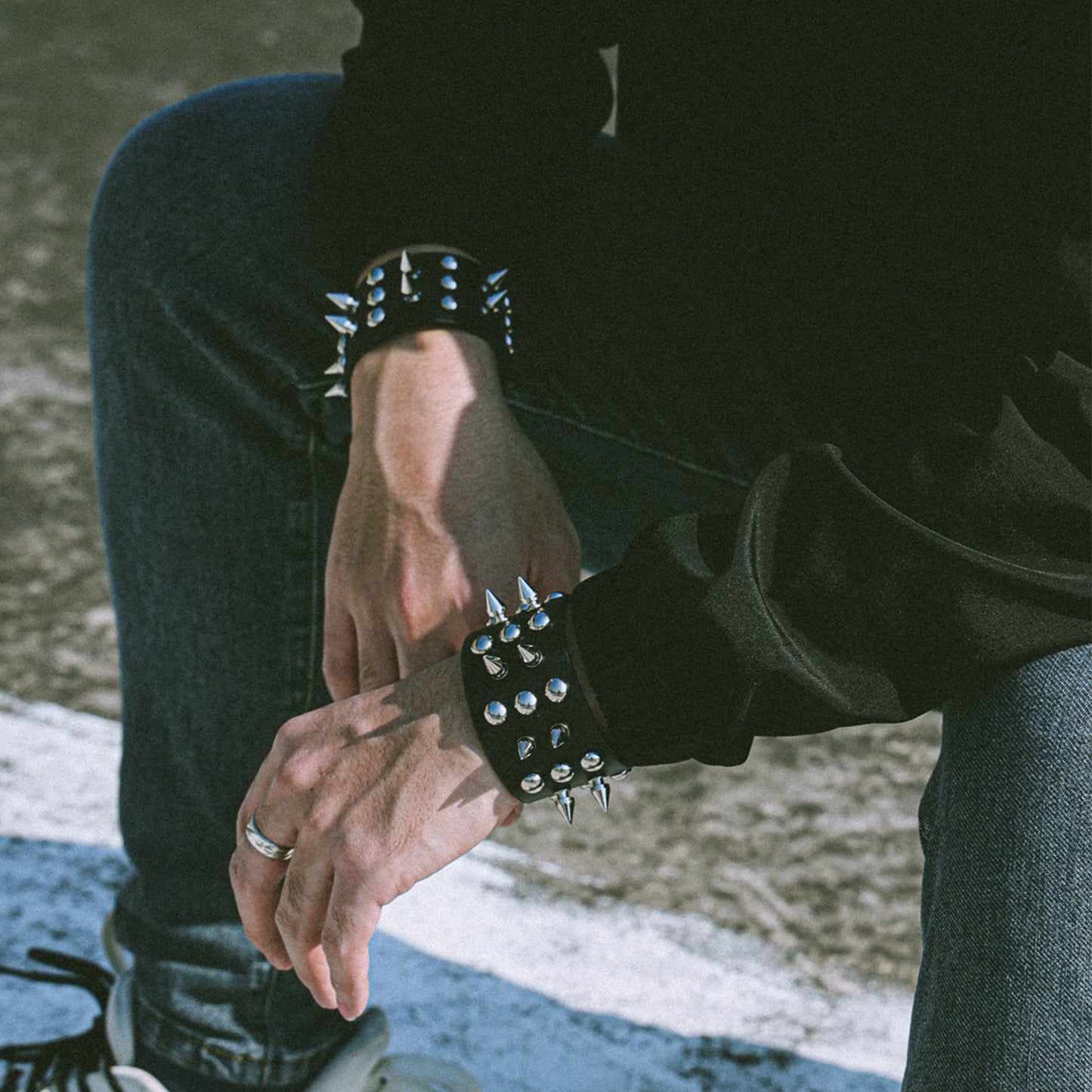 Eigso 2 Pcs Spikes Studded Leather Bracelets for Men Women Punk Biker Bracelet Set with Rivets.