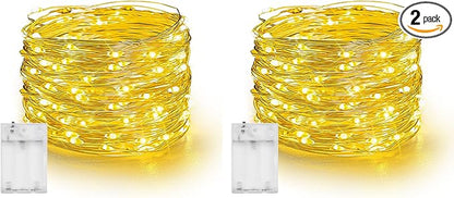 Dazzle Bright Fairy Lights Battery Operated, 2 Pack Total 40FT 120LED Silver Wire Waterproof String Lights, Christmas Decorations for Indoor Outdoor Bedroom Yard Party Decor, Warm White