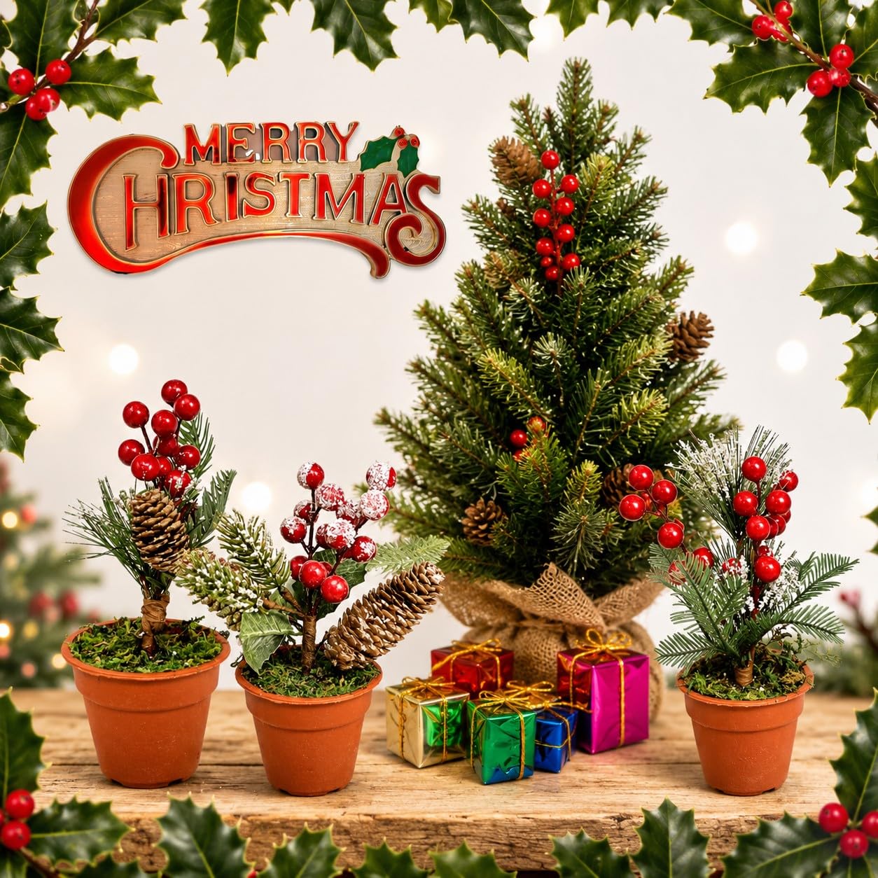 Christmas Tabletop Decorative Pots Set of 3 – Snow Flocked Pine Greenery with Red Berries & Pine Cones – Rustic Farmhouse Xmas Holiday Centerpiece Decor – 7.5 Inch Tall Winter Decorations for Home