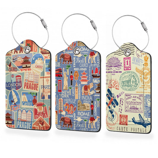3 Pack Luggage Tags,Retro Travel Stickers PU Leather Luggage Tags for Suitcase,Name ID Labels with Privacy Cover Suitcases and Metal Loop for Travel Bag Suitcase