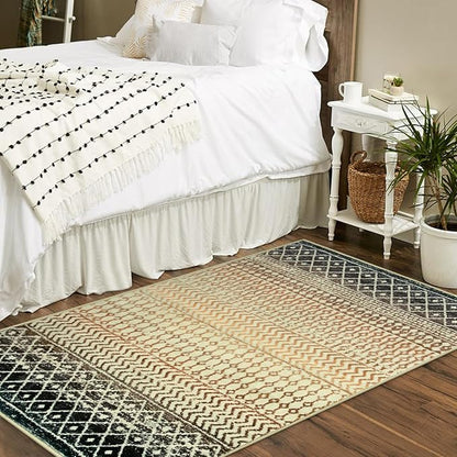 Moroccan Area Rugs 3x5,Ultra Soft Washable Rugs for Living Room, Low-Pile Non-Slip Retro Distressed Brown Rug for Bedroom Entryway Kitchen Home Office Dorm