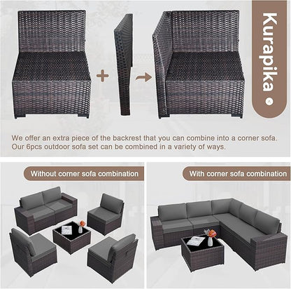 Kurapika 6 Pieces Patio Furniture Set, Rattan Outdoor Conversation Sets w/4 Inch Cushion and Glass Coffee Table(Grey)