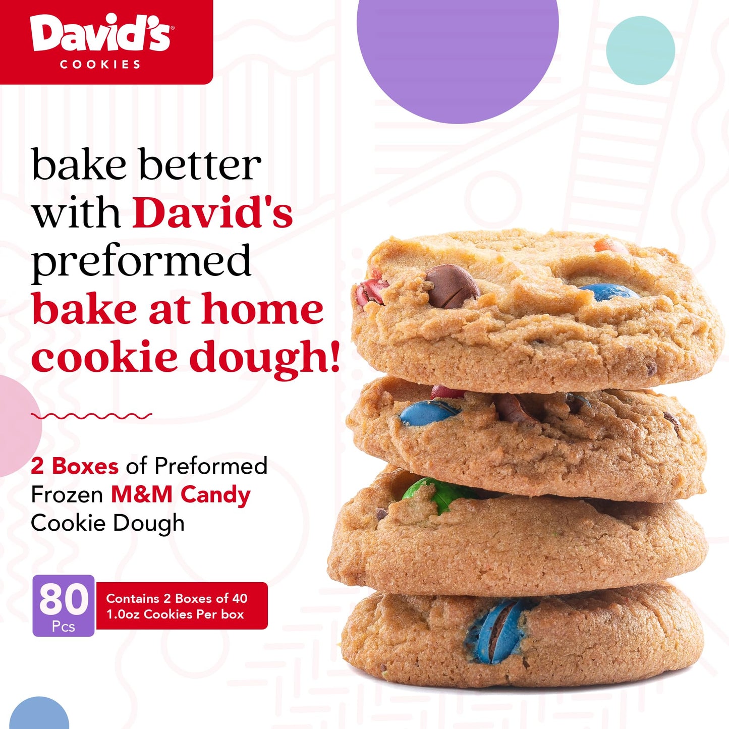 David's Cookies Preformed Frozen Cookie Dough – Candy, Ready-to-Bake Cookies, 80 Count