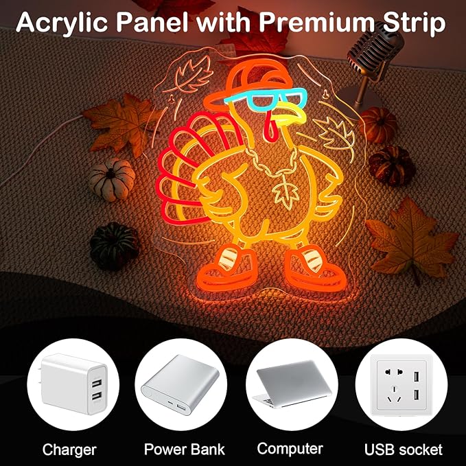 Thanksgiving Turkey Neon Sign Indoor Cool Light Sign Dimmable Turkey LED Light Up Fall Neon Decor for Dining Room Music Classroom Thanksgiving Christmas Party Gift