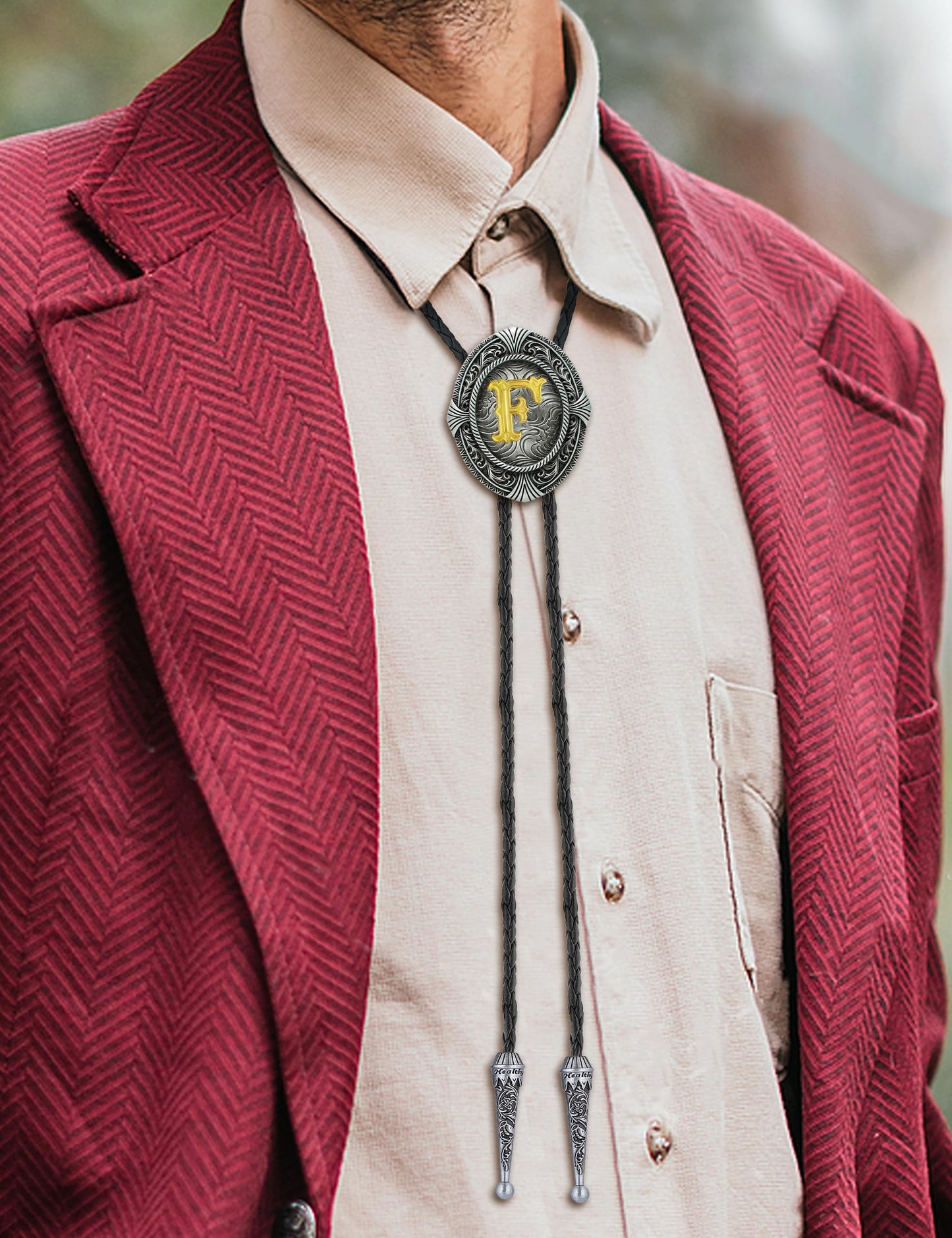 HUABOLA CALYN Vintage Bolo tie for Men Western Cowboy Native American Initial Letter ABCDJMR to Z Costume Bolo ties for Women (F)