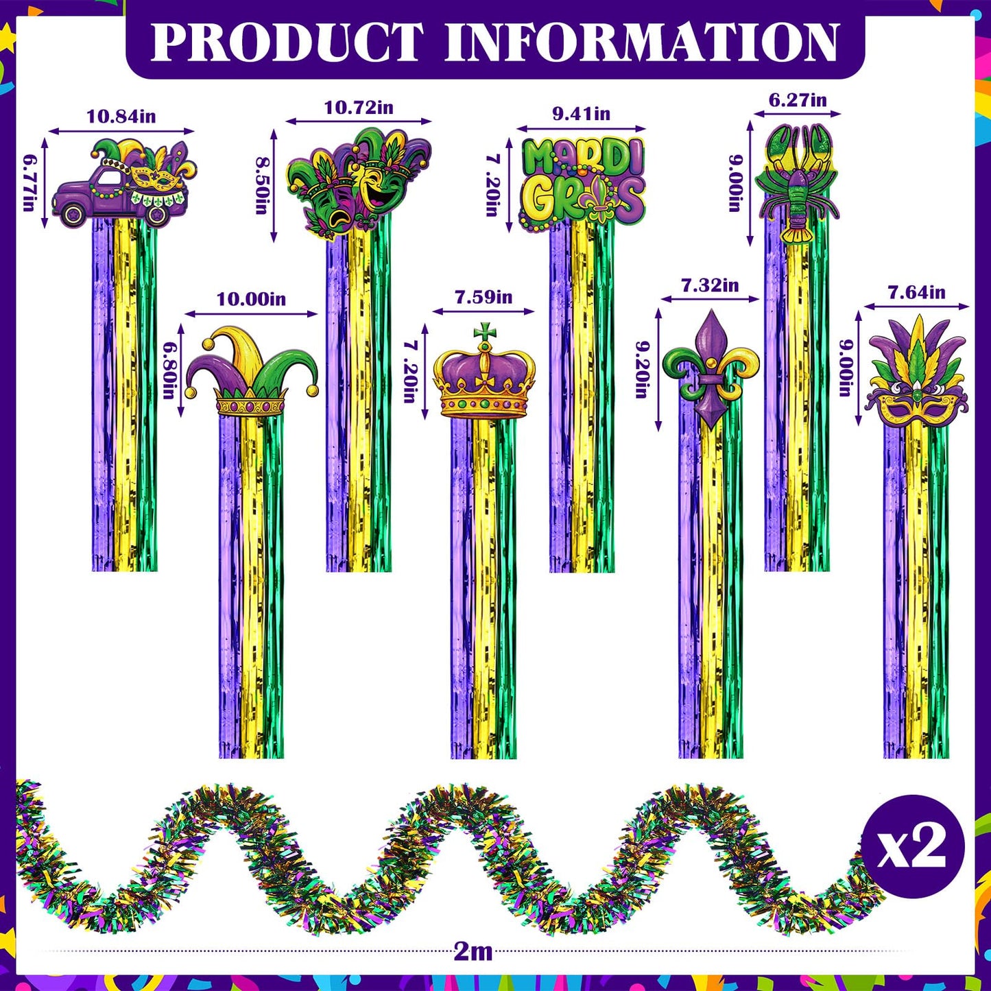 Gemscream 10 Pack Mardi Gras Decorations Set Mardi Gras Party Supplies Includes 8 Pcs Tassel Hanging Swirls and 2 Pcs 6.6ft Garland Hanging Outdoor Decor for Carnival Festival Home Garden Yard Decor