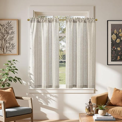 jinchan Striped Linen Kitchen Curtains 45 Inches Tier Curtains Farmhouse Modern Cafe Style Small Window Treatments Airy Light Filtering Rod Pocket for Living Room Bathroom 2 Panels Taupe Grey