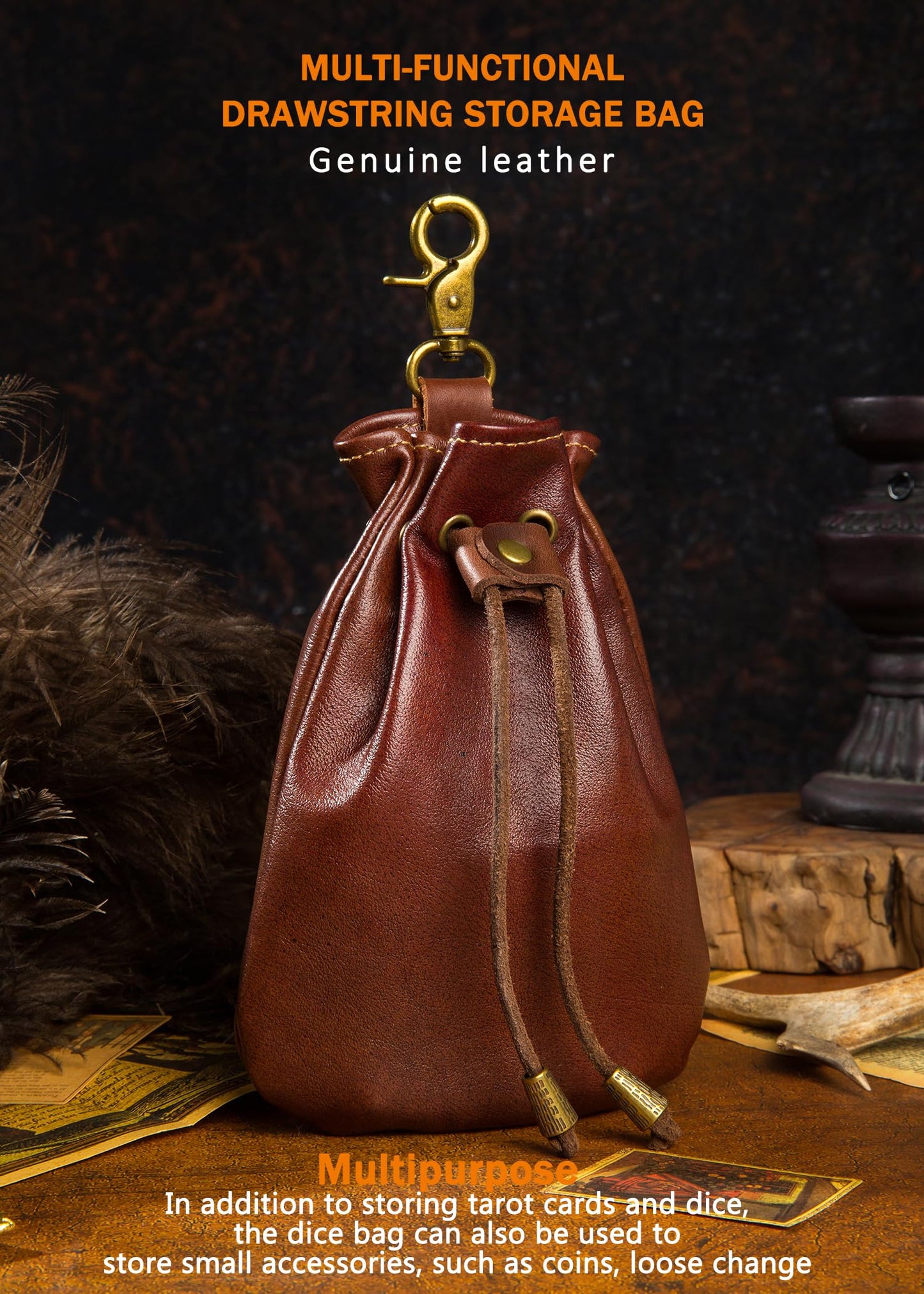 CHULEAG Vintage Medieval Drawstring Belt Pouch, FULL-GRAIN Leather, handmade, portable coin&dice purse with keychain. (Big)