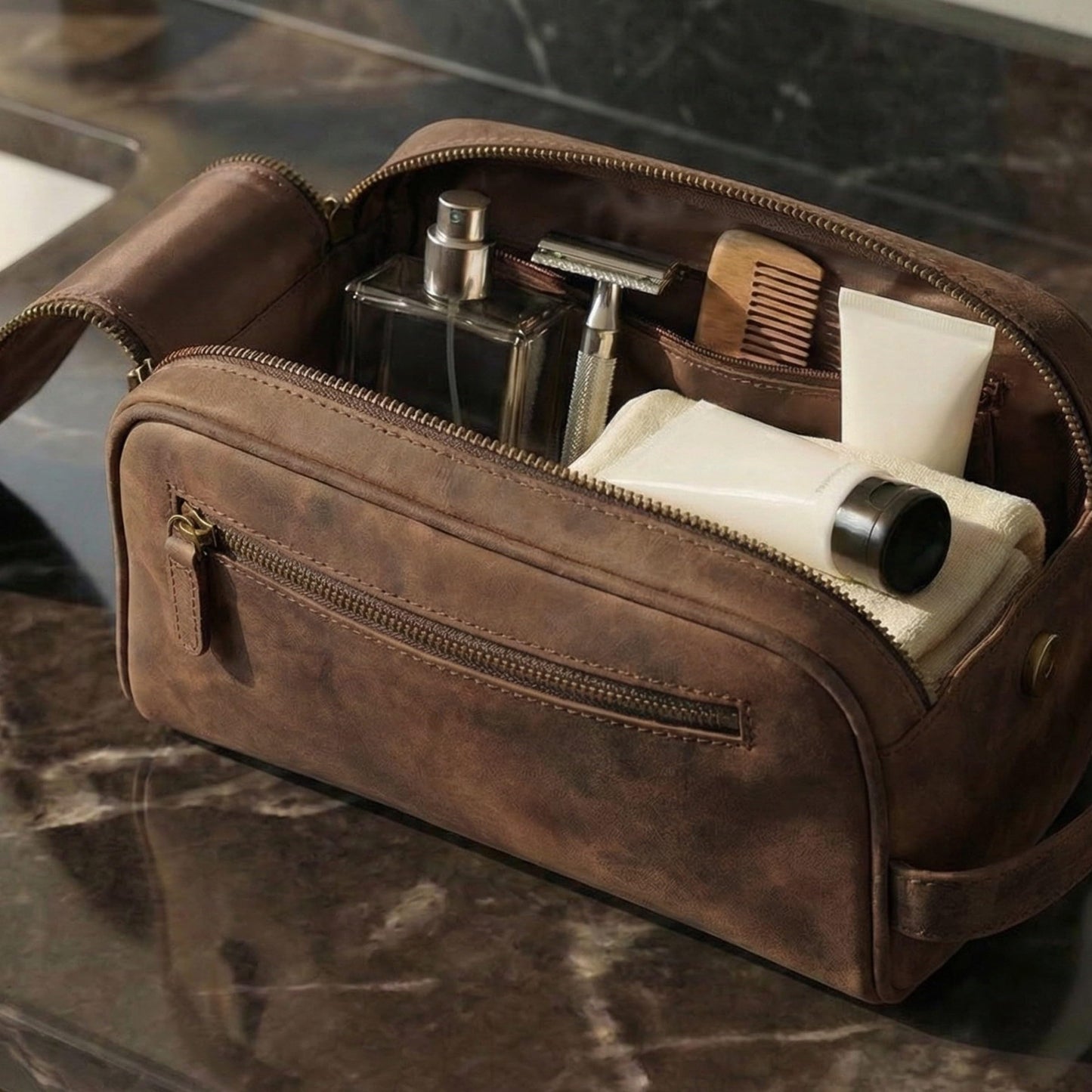 Leather Toiletry Travel Bag with Waterproof Lining, Large Capacity Vintage Dopp Kit, Shaving & Cosmetic Organizer for Men & Women - Brown