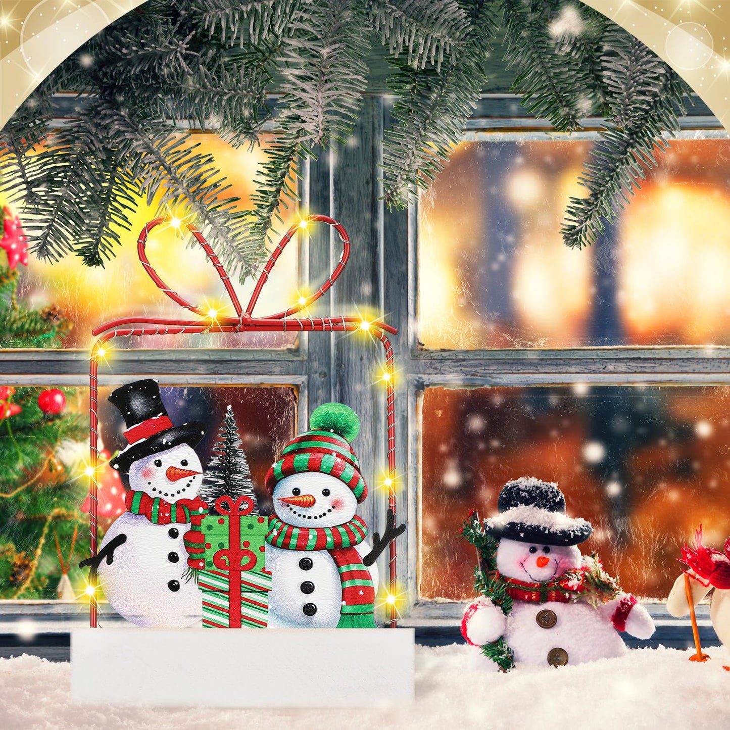 Cinnvoice Winter Snowman Tabletop Decorations Wooden Lighted Winter Snowmen Gift Box Tree Ornament with Metal Frame Red Green Battery Operated LED Light up Holiday Sign for Indoor Mantel Shelf Decor