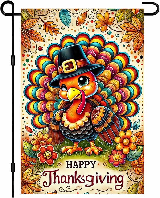 Thanksgiving Garden Flag Cute Turkey Pilgrim Hat 12x18 Inch Seasonals Outdoor Yard Banner Double Sided Fall Autumns Flags Decor For Girls or boys gifts Decrations Flags