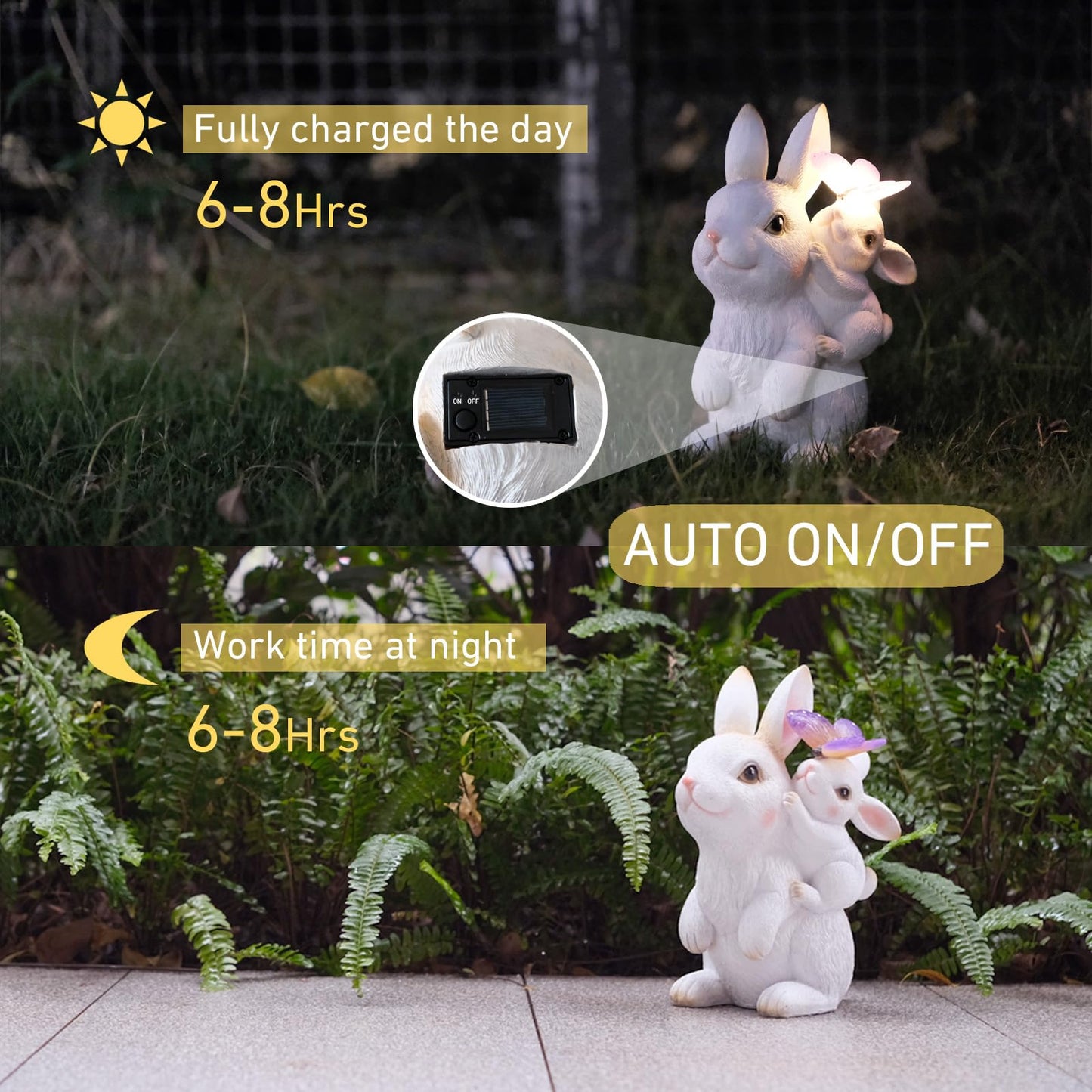Mothers Day Gifts, Solar Garden Statues Rabbit with Solar Lights, Mother & Baby Bunny Figurine with Butterfly Lights for Yard Art Garden Patio Decor, Easter Birthday Gifts for Women Mom Grandma.