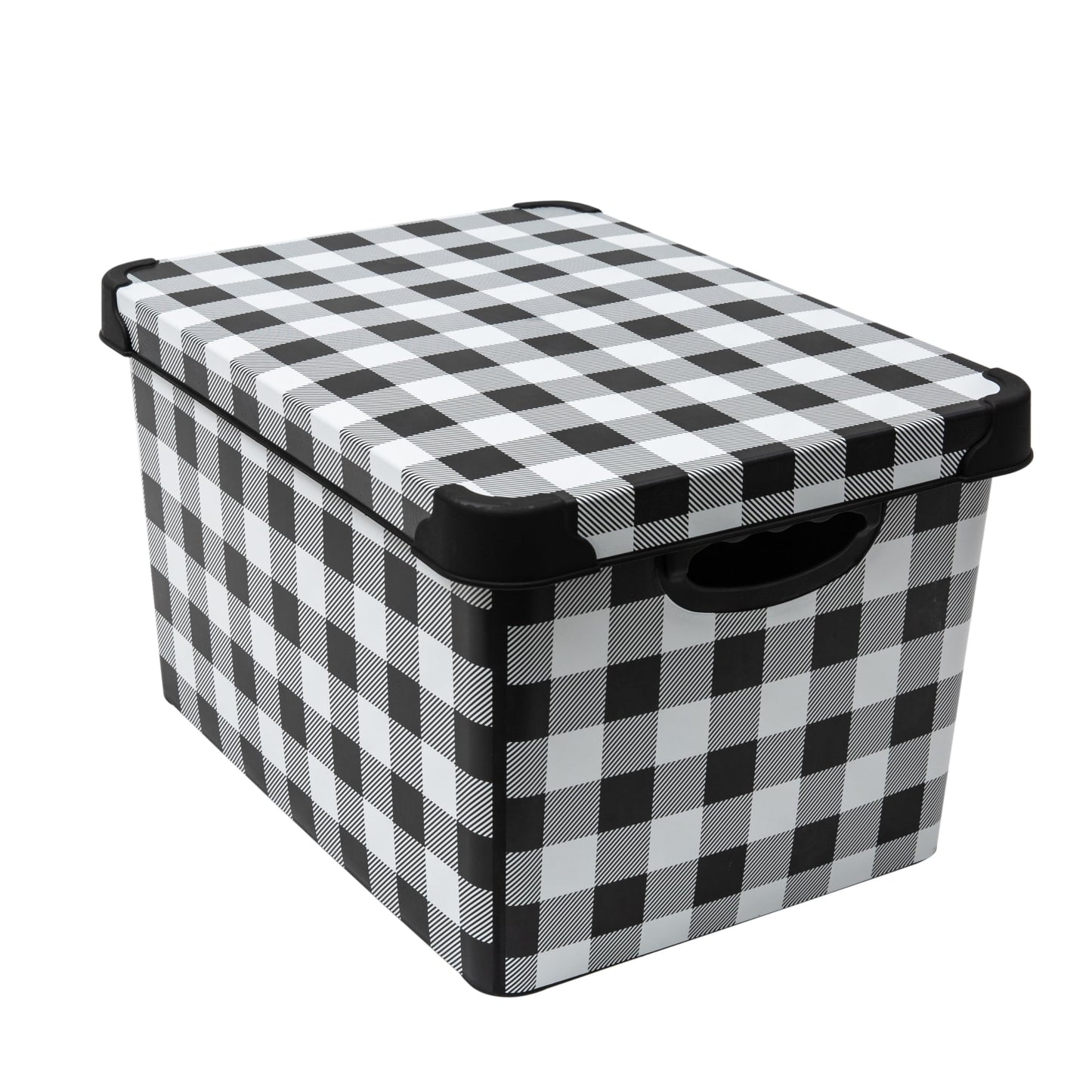 Simplify Checkered Design Storage Bin | Christmas Tote | Holiday Décor Decorations Organizer | Buffalo Plaid Design | Lidded | Stackable | Black and White