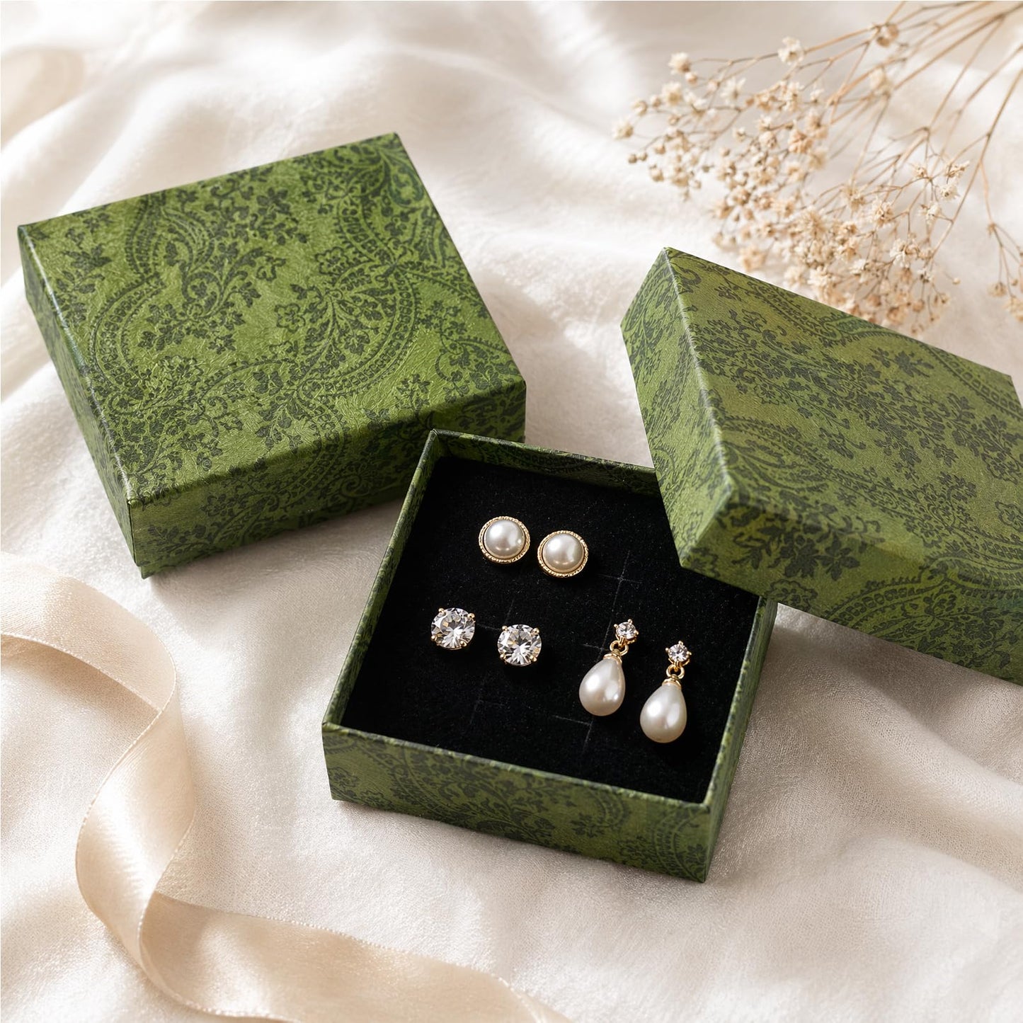 ARTISAMILY 12pcs Green Earring Bracelet Necklace Box Jewelry Gift Boxes 3.5 x3.5 x1 Inch Cotton Fill Cardboard Paper Jewelry Boxes Case for Birthday Wedding Christmas Shipping Storage