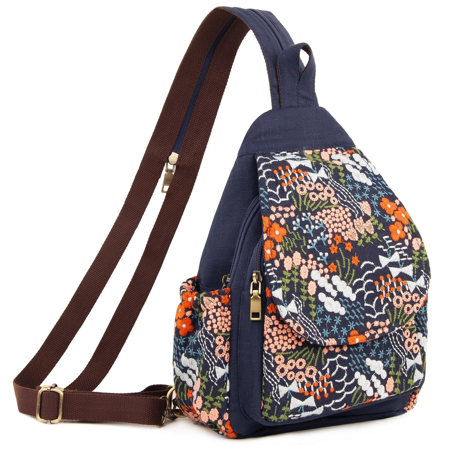 SILKAREA Canvas Sling Backpack Purse for Women Embroidered Flowers Travel Backpack Crossbody Bag Shoulder Bag (Embroidered B)