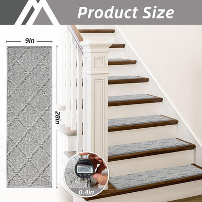COSY HOMEER Edging Stair Treads Non-Slip Carpet Mat 28inX9in Indoor Stair Runners for Wooden Steps, Edging Stair Rugs for Kids and Dogs, 100% Polyester TPE Backing (10pc, Grey)
