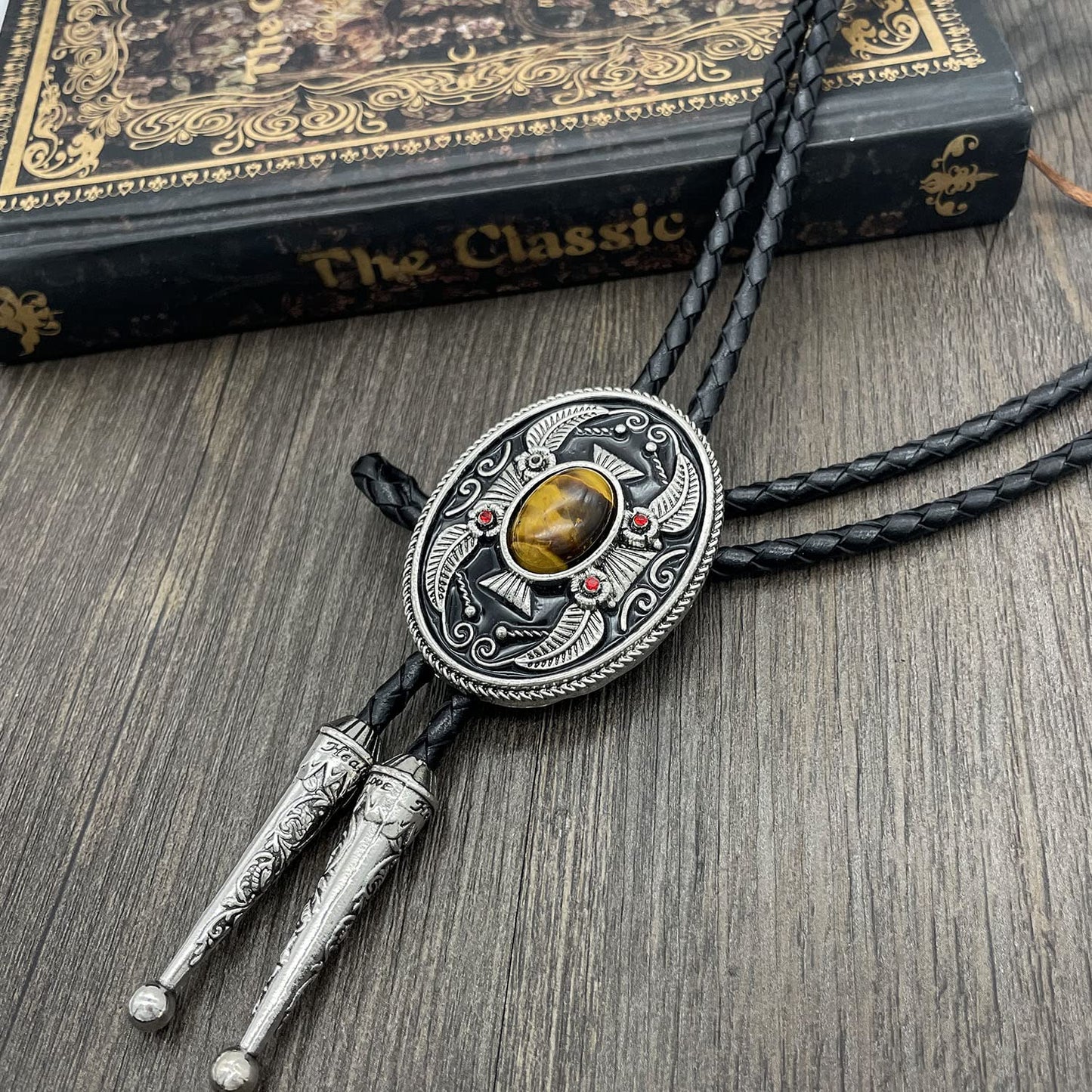 YOQUCOL Vintage Indian Art Tiger Eye Stone Black Bolo Tie American Western Cowboy Leather Necktie for Men Women