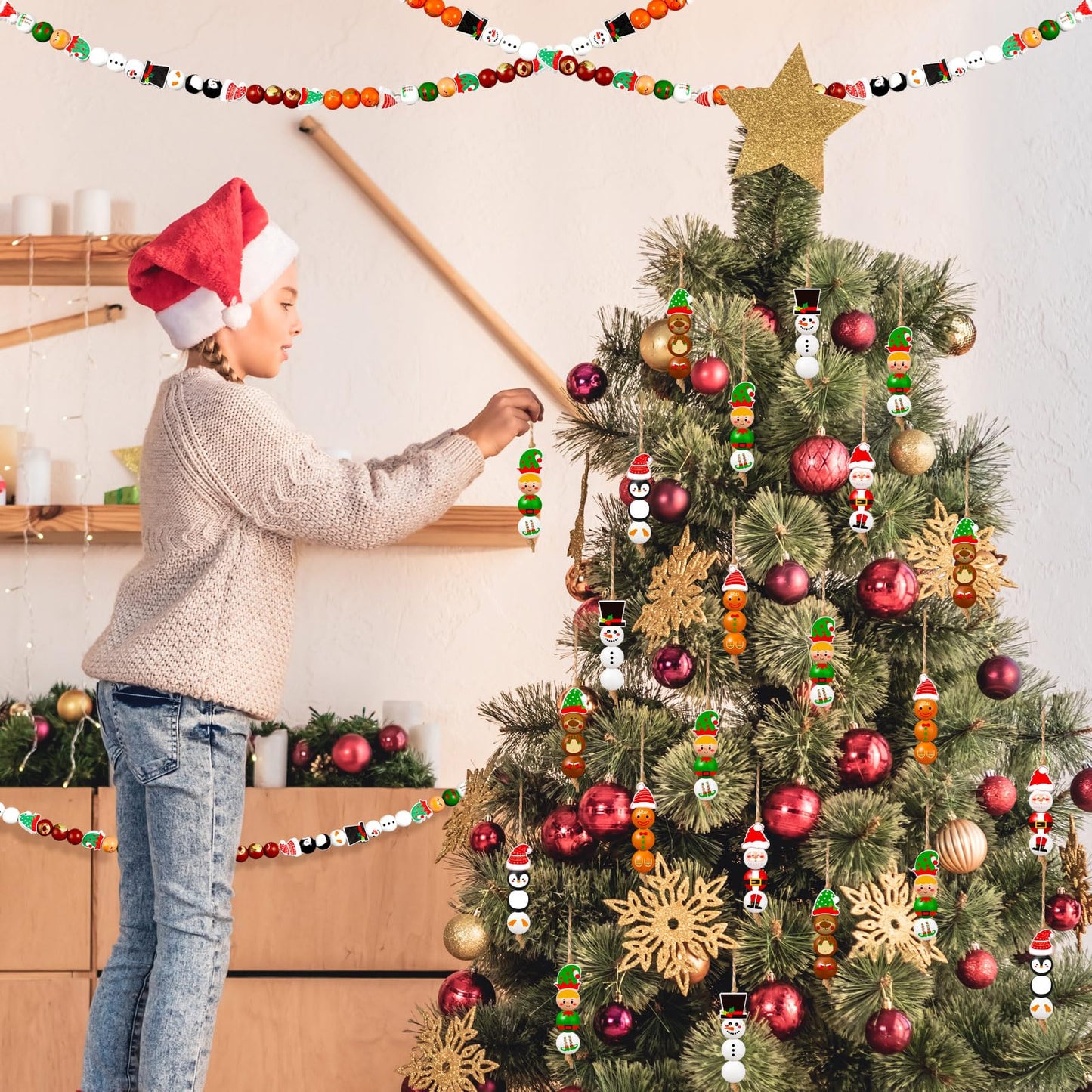 Cinnvoice 240 Pcs Summer Christmas in July Wood Beads with Twine Snowman Gingerbread Man Nutcracker Wooden Bead Garland DIY Crafts Round Beads for Xmas Party Decor (Classic Christmas)