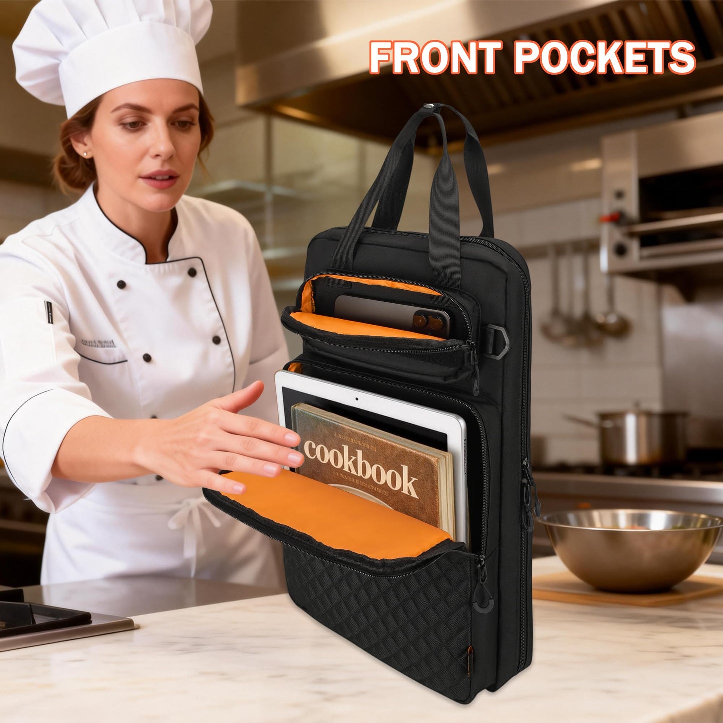 FURIMETY Professional Knife Bag with Front Pocket for Cookbook & Pad, Chef Knife Bag With Shoulder Strap, Knife Carrying Case for Kitchen Tools & Chef Utensils, Quilted Black
