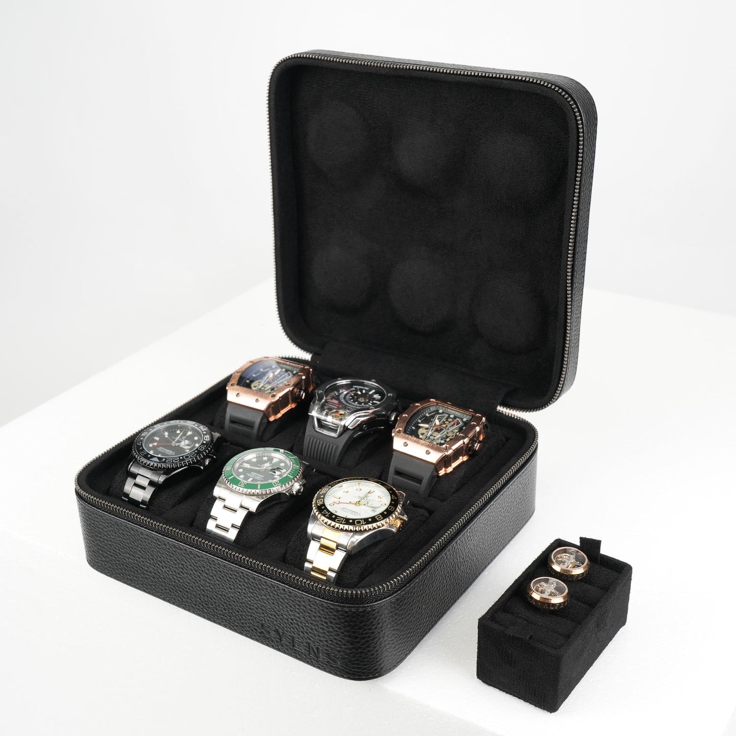 SYENS Real Genuine Leather Watch Travel Case 6 Watches Box, Suitable for all Watches and Smartwatches under 60mm Storage Organizer for Man and Women (6W-Z-BBL)
