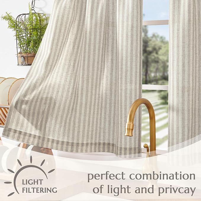 jinchan Striped Linen Kitchen Curtains 45 Inches Tier Curtains Farmhouse Modern Cafe Style Small Window Treatments Airy Light Filtering Rod Pocket for Living Room Bathroom 2 Panels Taupe Grey