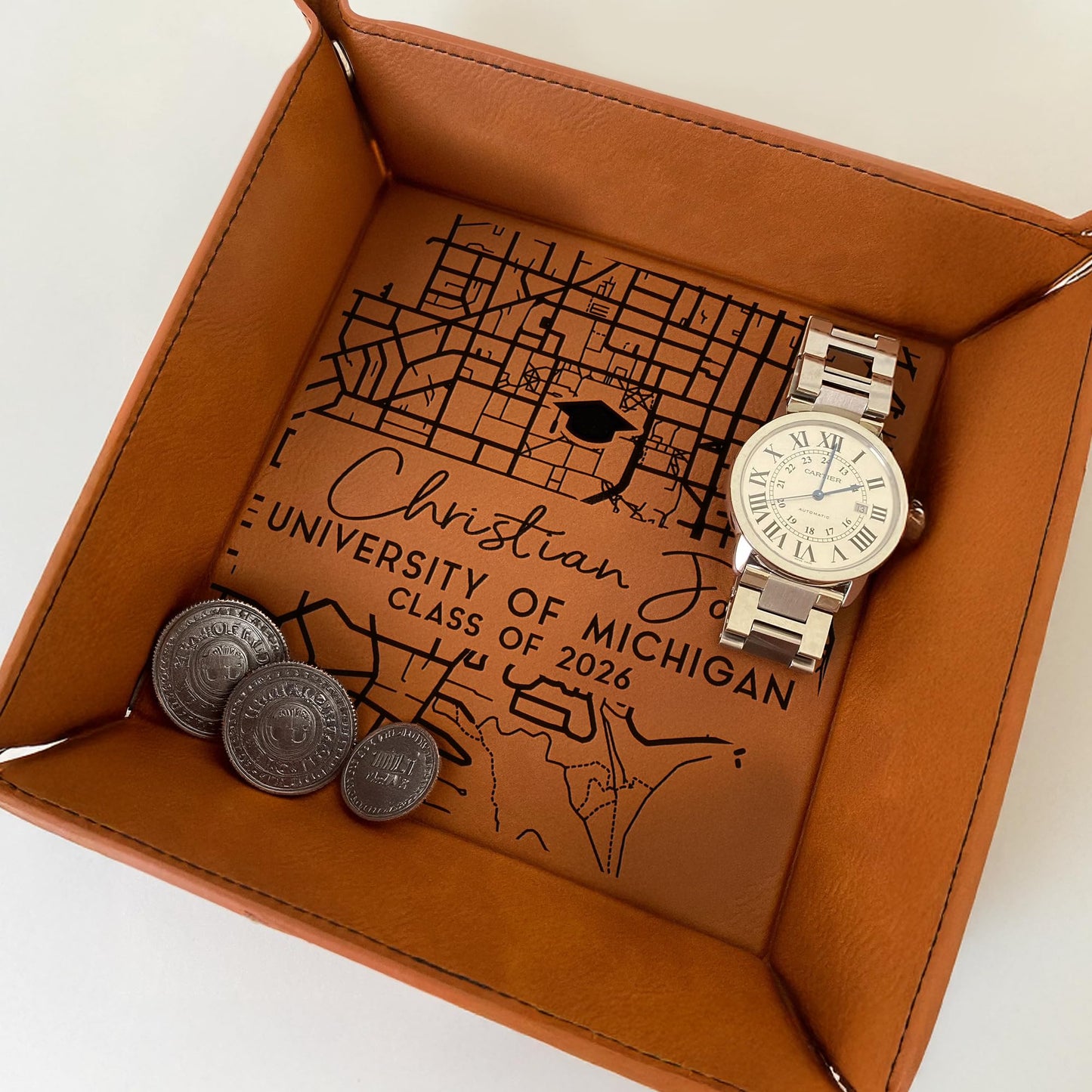 LUCY ENGRAVING Custom Campus Map Graduation Leather Tray, College Grad Leather Nightstand Organizer - Class of 2026, College Graduation Gifts for Graduates, Personalized Valet Tray for Men