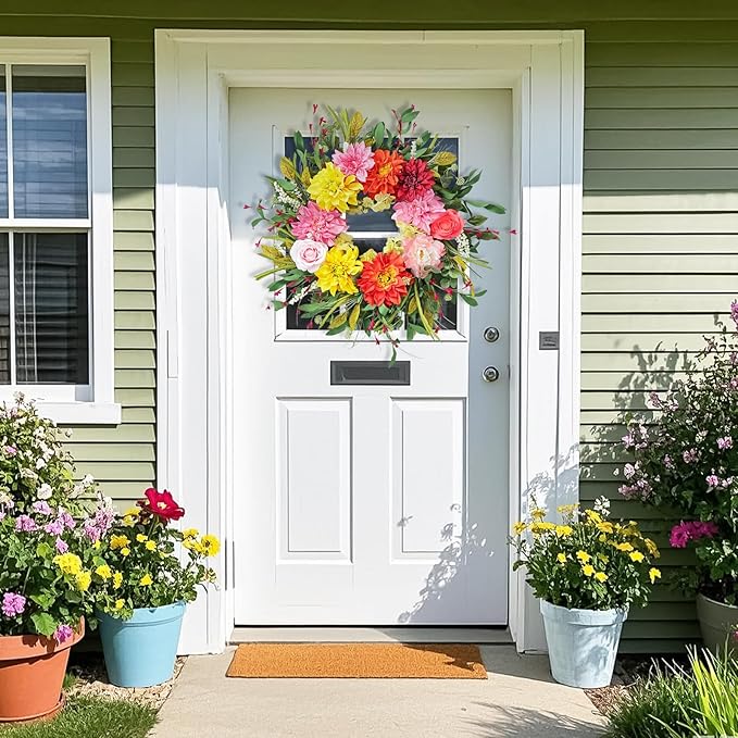 24" Dahlia Spring Summer Wreath with Rose, Peony and Green Leaves, Colorful Artificial Flower Wreath for Front Door Home Wall Wedding Farmhouse Holiday Outdoor Indoor Décor