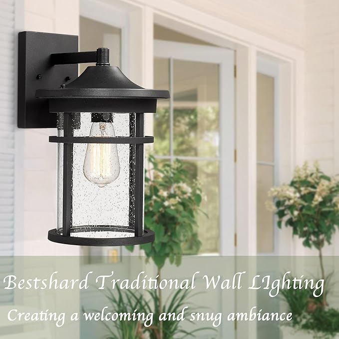 Bestshared Outdoor Wall Sconce, Outdoor Wall Lights, Exterior Wall Mount Light Fixture, Modern Outside Porch Light Wall Mount for House, Garage, Entryway, Exterior Wall Lantern with Seeded Glass Shade