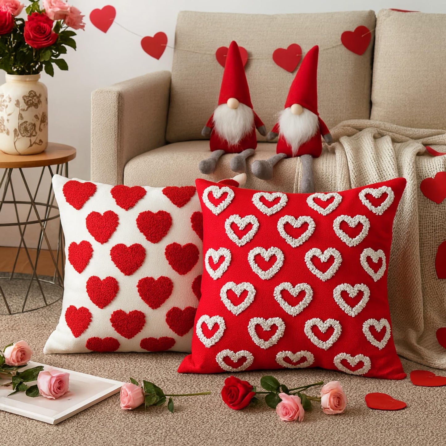 Fourluoo 4 Pcs Valentine's Day Throw Pillow Covers 18x18 Inch Soft Heart Decorative Pillowcase Plush White Red Soft Plush Pillow Covers Cushion Case Decorations for Sofa Living Room Valentine Gift