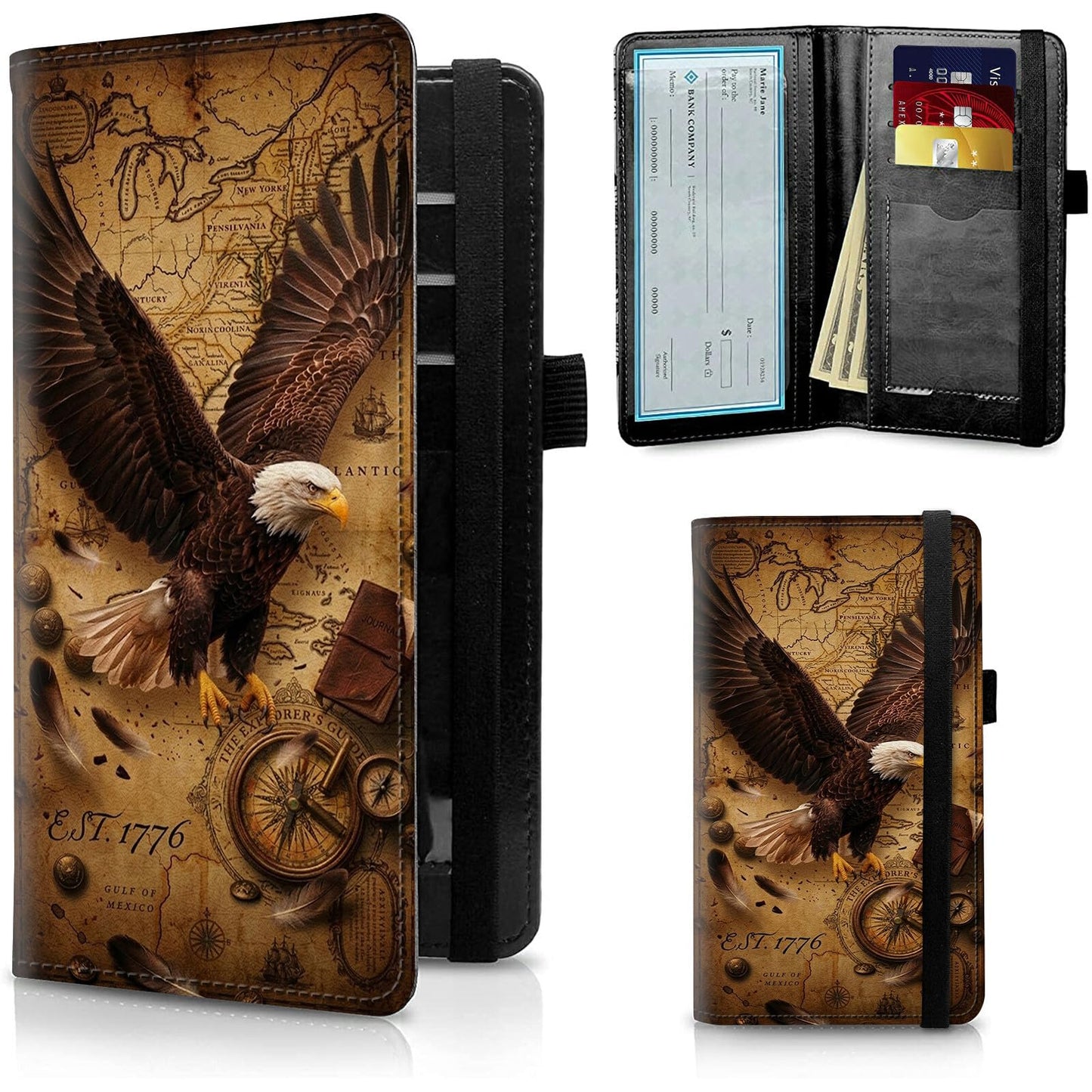 FUYOCWE Leather Checkbook Cover for Men & Women, Checkbook Holder Wallet RFID Blocking | 1776 USA Vintage Patriotic Eagle Map