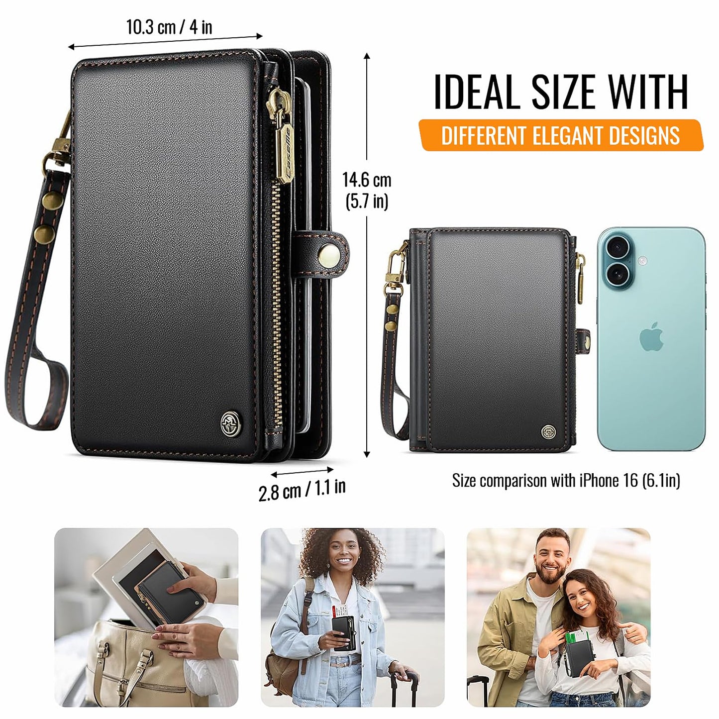 XIMAND Passport Holder Wallet Bag with AirTag Holder, 11 Card Slots and Passport Solt Cash Solt Photo Solt Zipper Pocket, RFID Blocking Wristlet Strap.Black