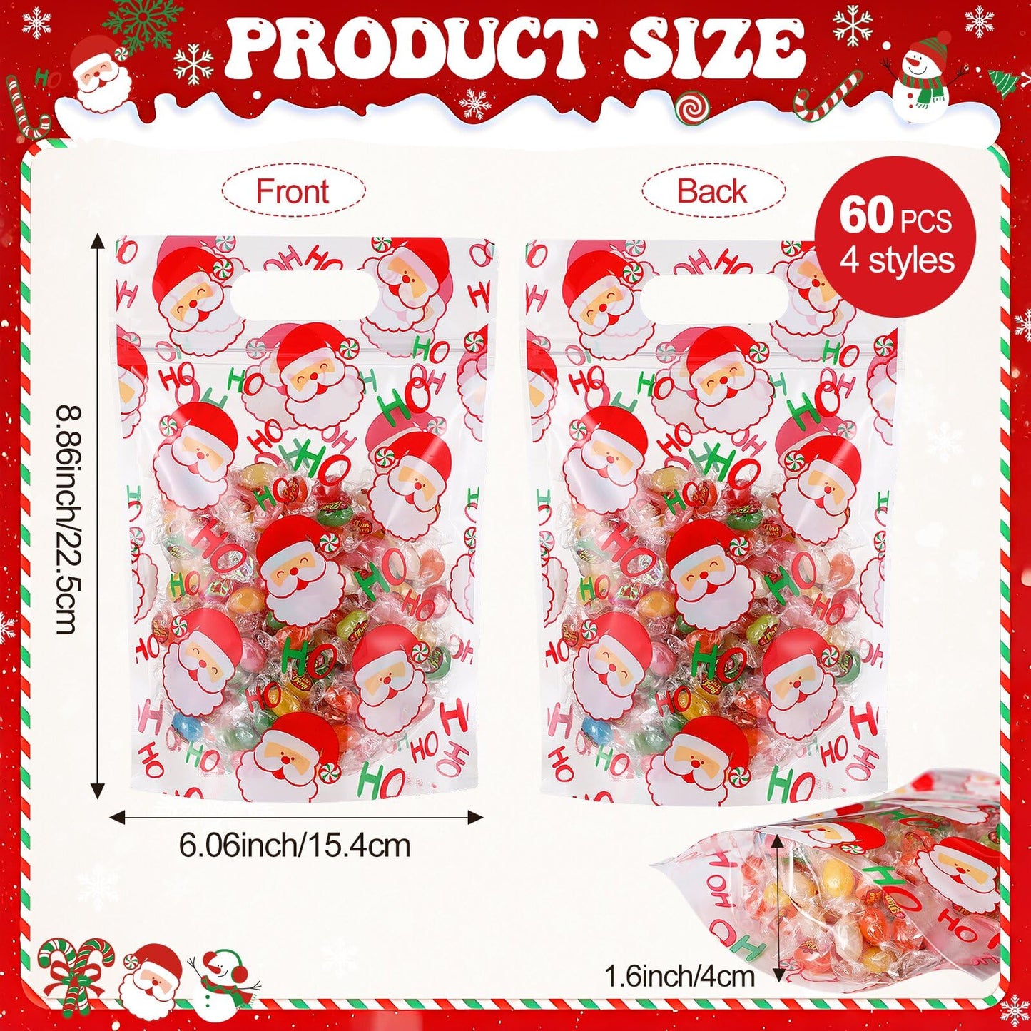 Pasimy 60 Pcs Christmas Bags with Zipper Sealing Candy Bags Bulk Resealable Xmas Treat Bag Christmas Sealing Bag with Handle Plastic for Xmas Winter Holiday Party Candy Small Gift Wrapping Supply