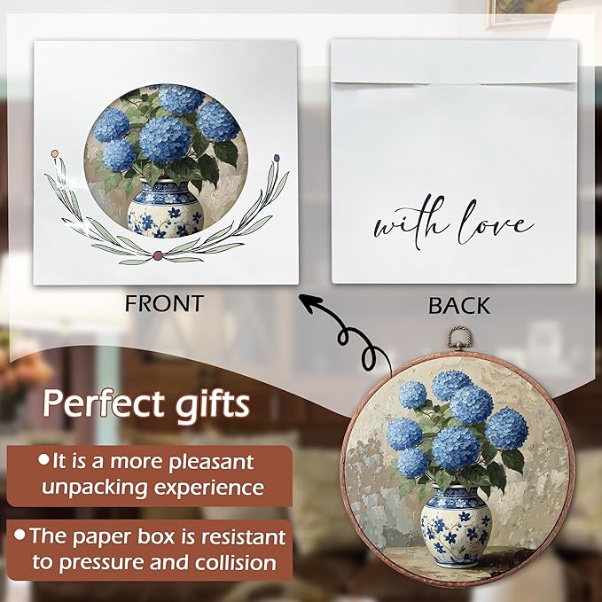 Threegoat Chinoiserie Spring Floral Framed Round Wall Art,Blue and White Hydrangea Flowers Wall Art Decor for Bedroom,Vintage Wall Hanging Decor for Grand Millenial Grandmillennial Home - A09