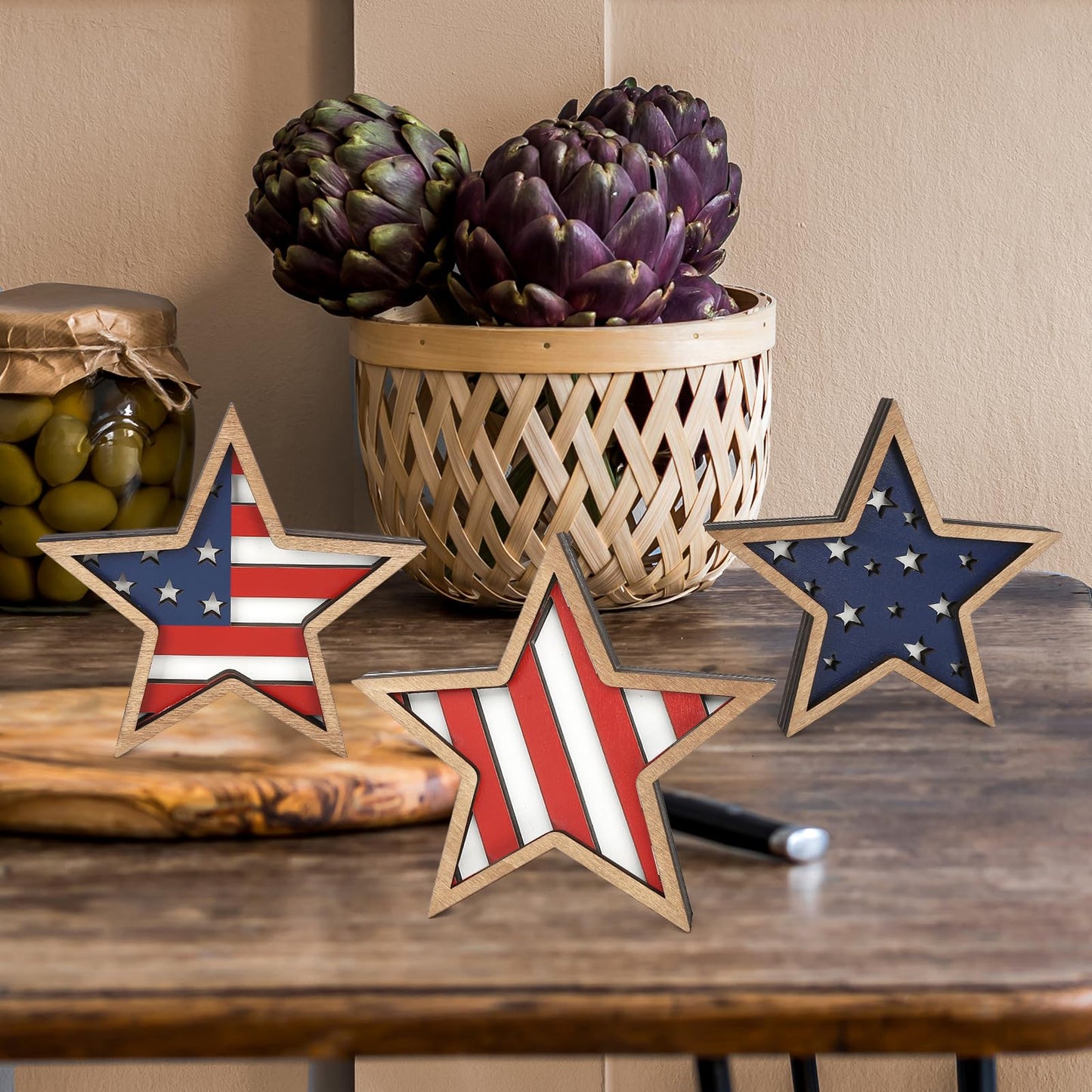 COCHIE 4th of July Decorations Wooden Stars, Patriotic Memorial Day Star Tiered Tray Decor Set of 3, Fourth of July Red White Blue Decoration for Home Office Table Shelf (Flag Hollow)
