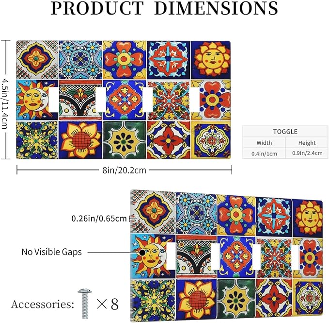 Traditional Colorful Talavera Mexican Spanish Moroccan Tiles Quad Gang Toggle Light Switch Cover 4-Gang Wall Plates Decorative Electrical Switchplate for Home Bedroom Art Decorate