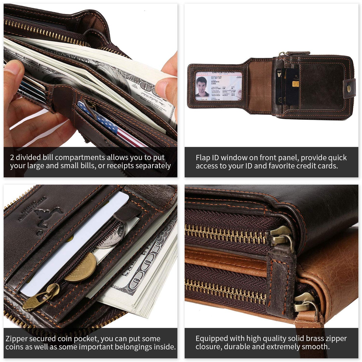 MING CLAN Leather RFID Blocking Bifold Wallet For Men With Zipper, Flap ID Window Zip Coin Pocket, Big Capacity Credit Card Holder For Travel