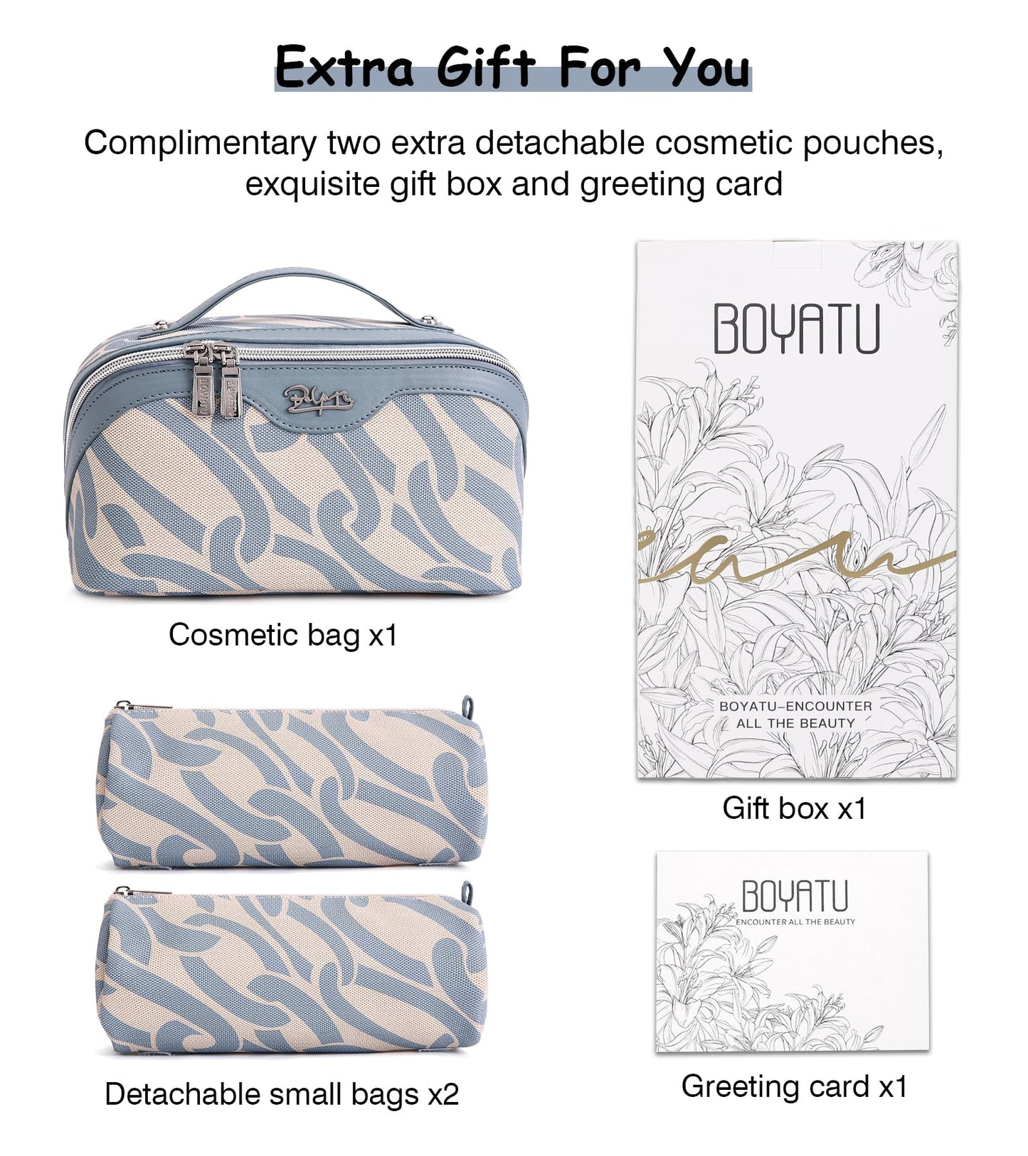 BOYATU Travel Makeup Bag for Women: Large Capacity 3-Piece Cosmetic & Toiletry Organizer - Expands Storage by 50% with 2 Detachable Pouches,Opens Flat for Easy Packing,Waterproof PU Leather(Blue)