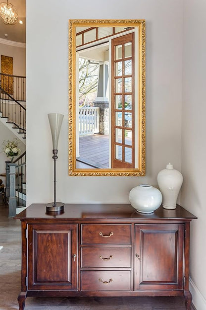 Large Vintage Mirror for Wall, 46''x 22'' Gold Antiuqe Living Room Mirror with Ornate Wood Frame, Decorative Mirrors for Entryway, Bathroom, Foyer, Hangs Horizontally or Vertically