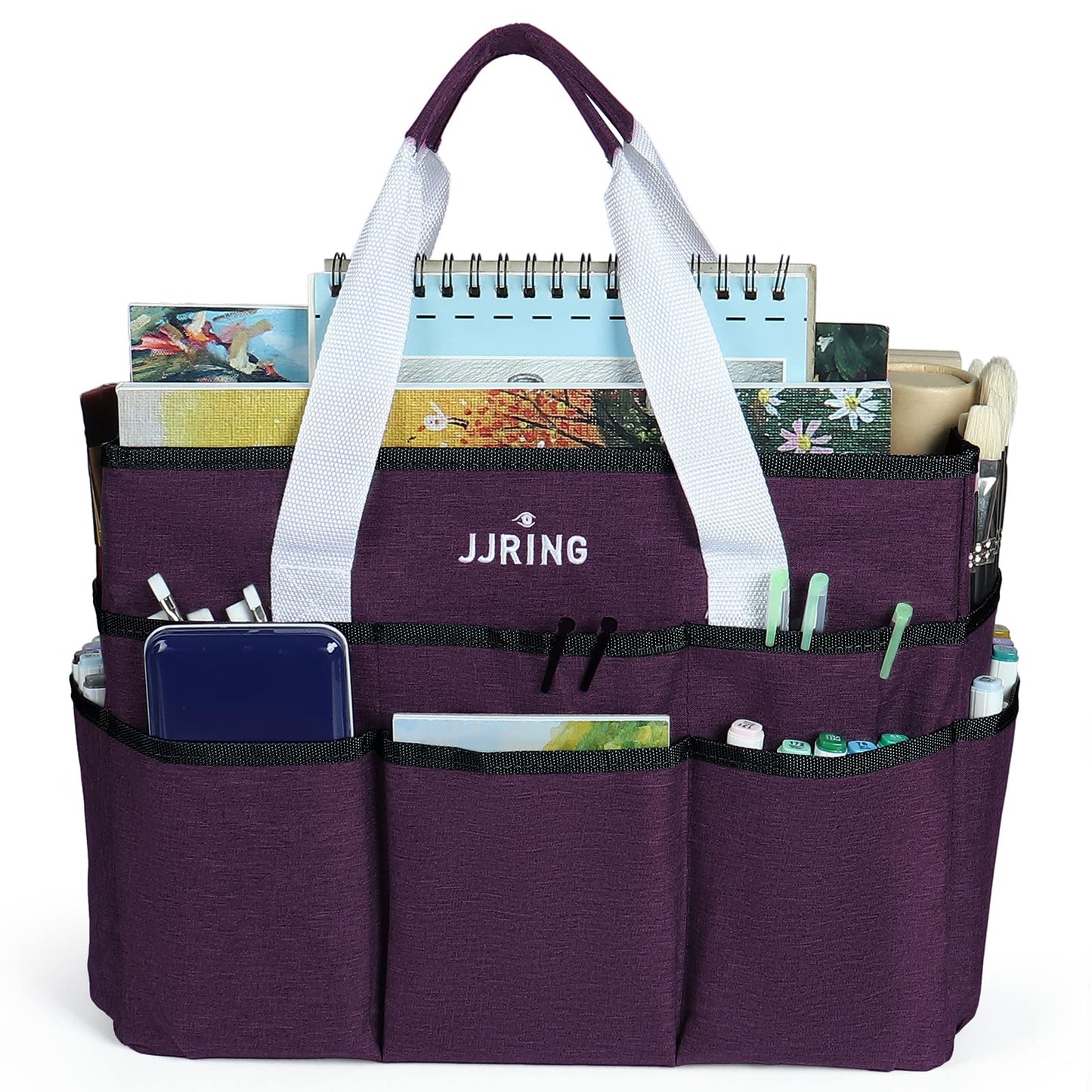 JJRING Craft Organizer Tote Bag, Large Art Storage Caddy with Multiple Pockets, Deep Purple Sewing Bag for Art, Craft, Scrapbooking, Medical, and Office Supplies Storage